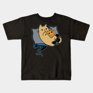 Nerdy Gamer Cat Eating Pizza Game Paused Kids T-Shirt